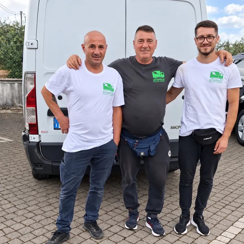 La squadra di Di Fiorello Traslochi, con le magliette col logo, davanti al furgone